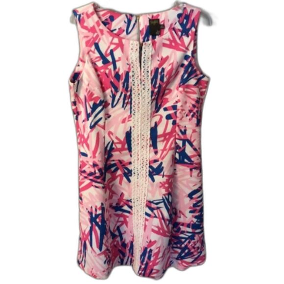 TAYLOR 12 SLEEVELESS WHITE PINK BLUE ABSTRACT PRINT MINI DRESS EMBROIDERED - Picture 2 of 9